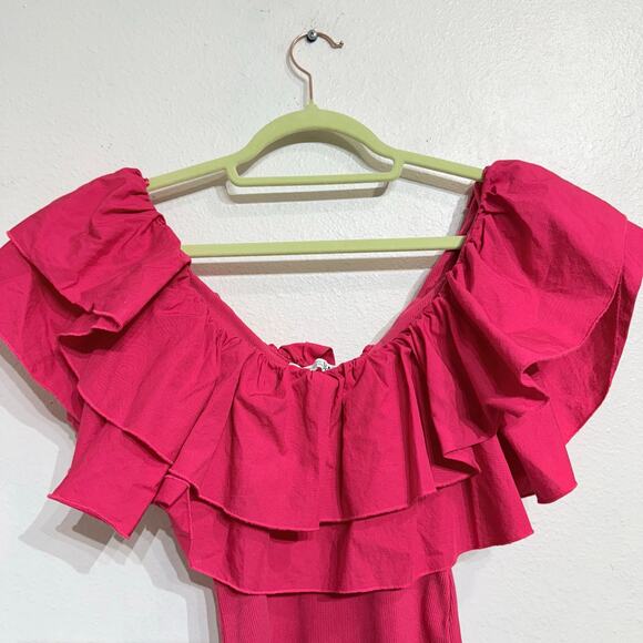 Zara Hot Pink Ribbed knit Poplin Ruffle Bodysuit Sz S - Picture 8 of 12